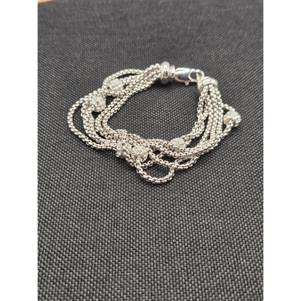 Multi Strand Popcorn Chain Pave Crystal Bead Bracelet Silver Tone 6.5 Inch